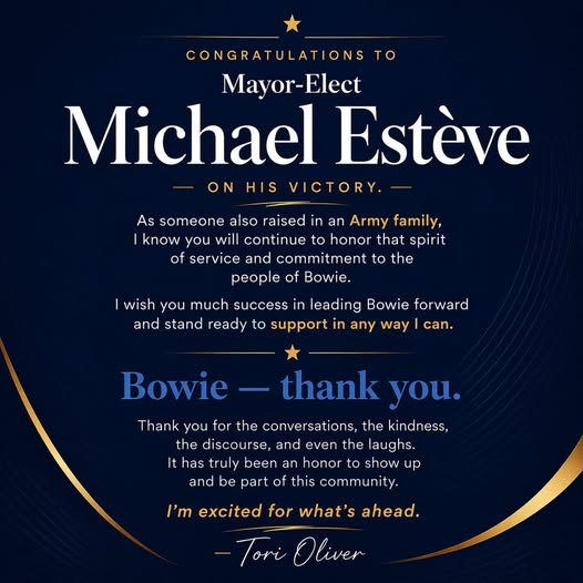 Congratulations to Mayor-Elect Michael Estève from Tori Oliver